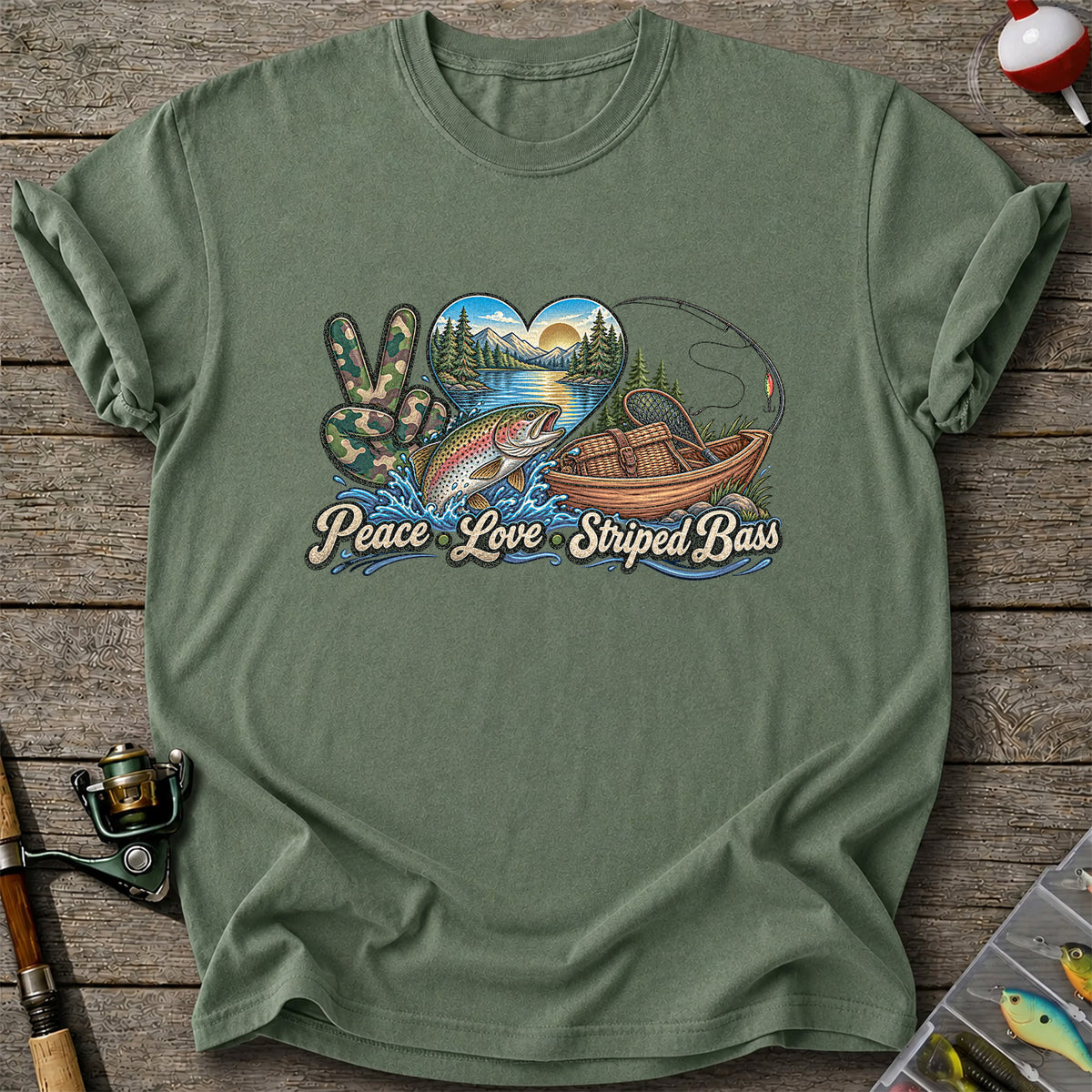 Peace Love Striped Bass Lake and Boat Fishing Graphic T-Shirt