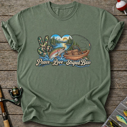 Peace Love Striped Bass Lake and Boat Fishing Graphic T-Shirt