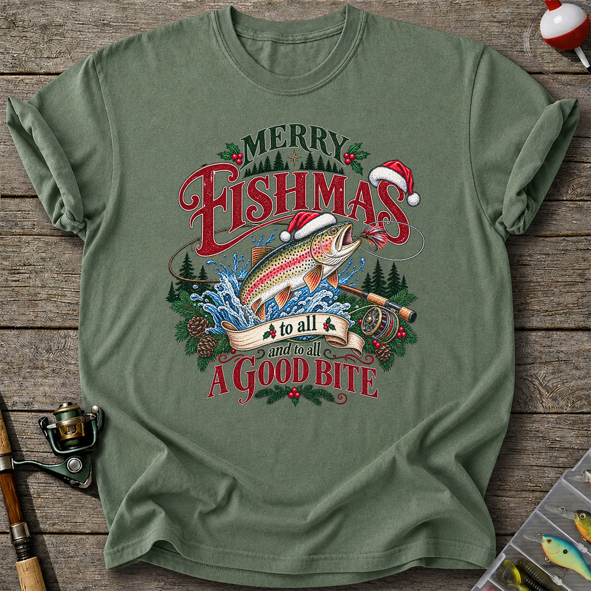 Merry Fishmas to All and to All a Good Bite Rainbow Trout T-Shirt