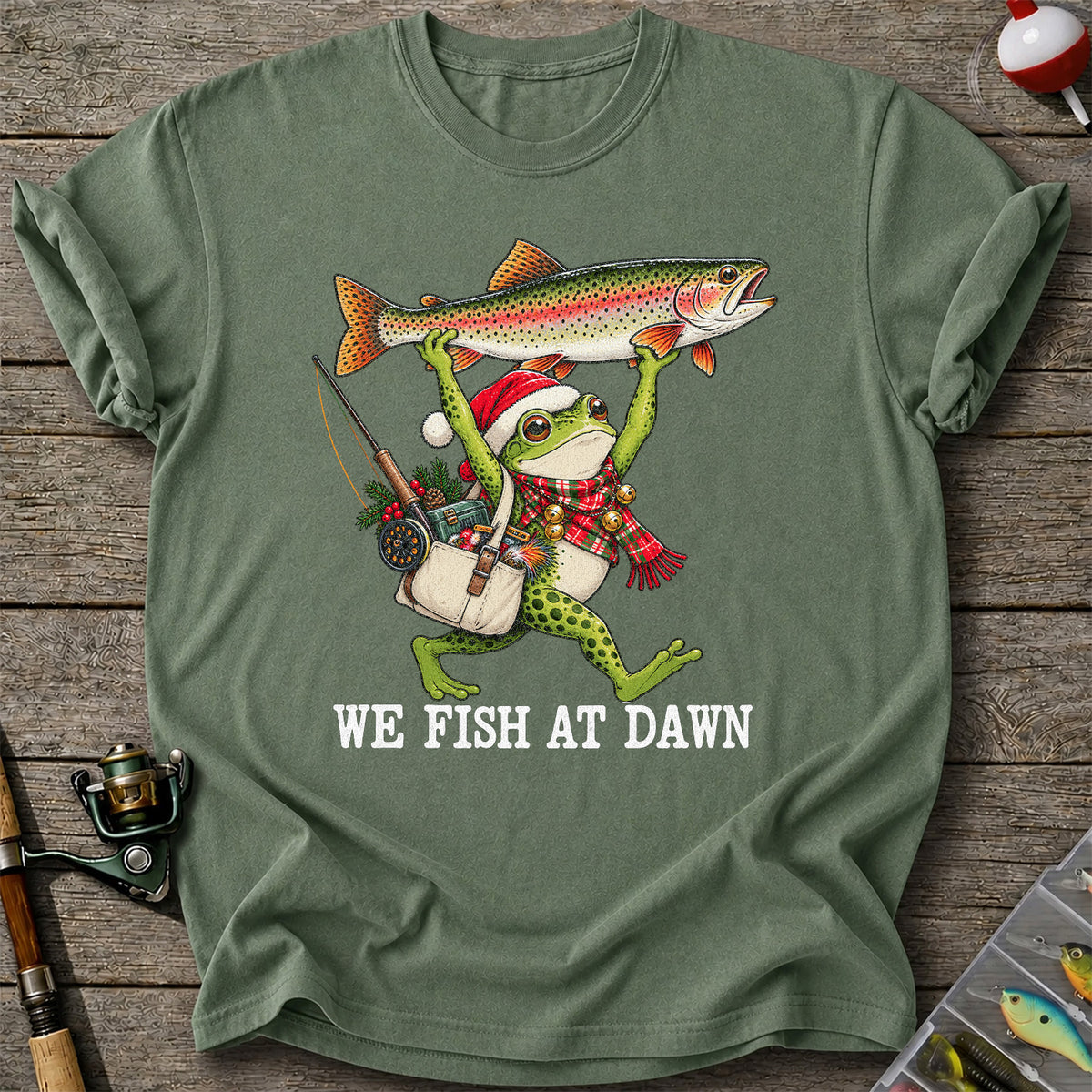 Frog Holding Rainbow Trout Fishing at Dawn Graphic T-Shirt