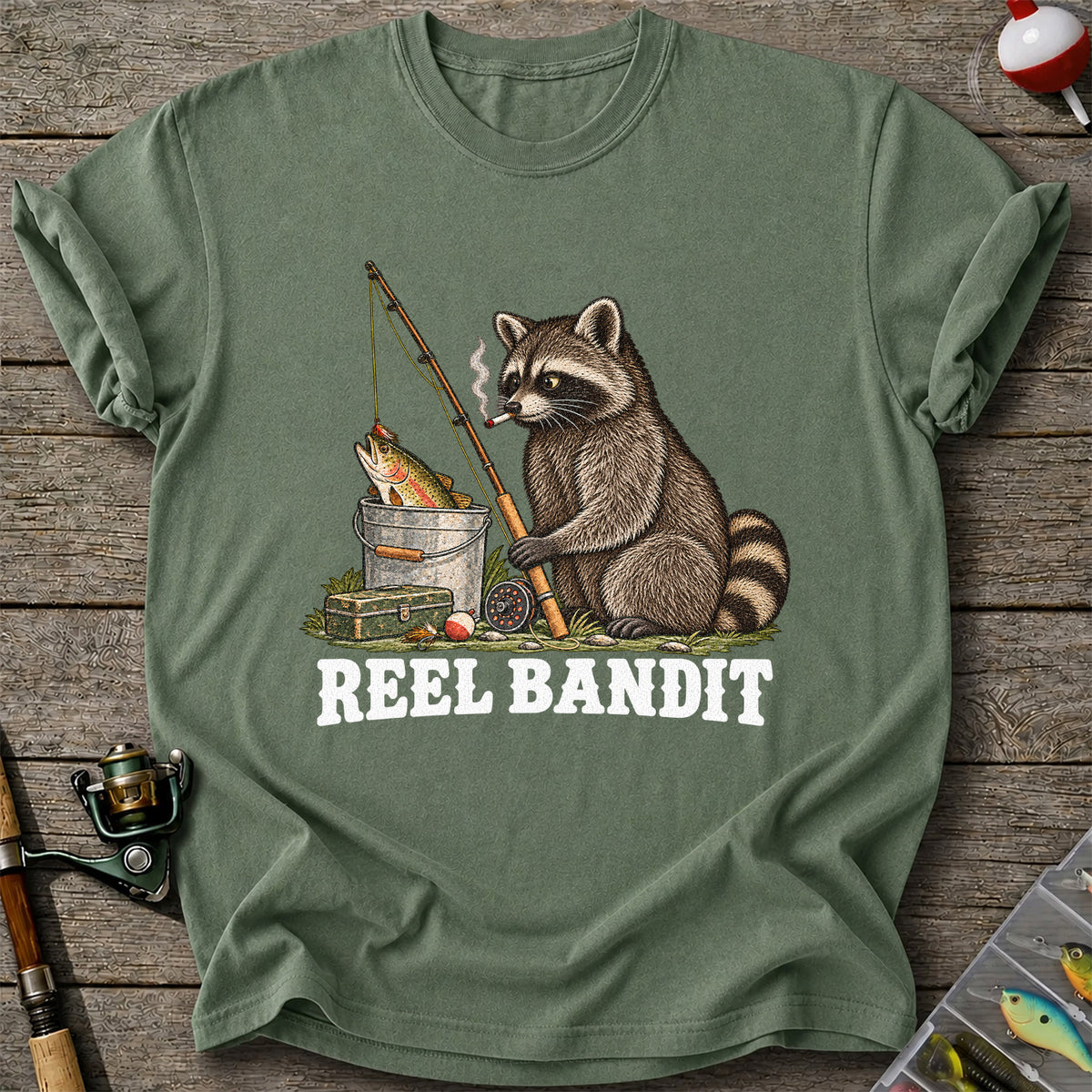 Reel Bandit Smoking Raccoon with Fishing Rod Funny T-Shirt