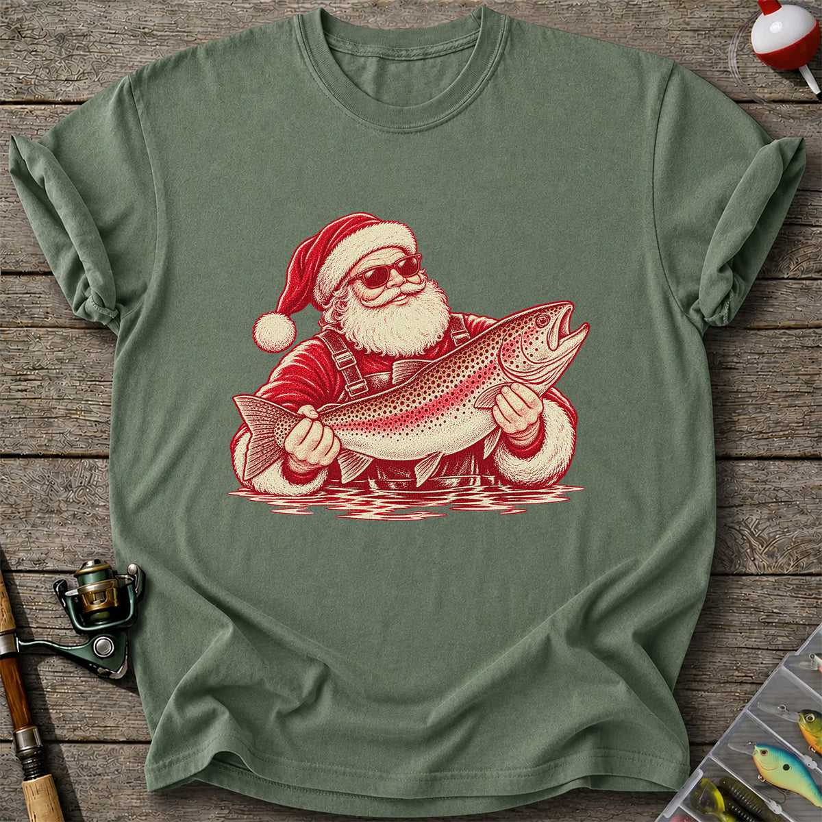 Santa Holding Trout Christmas Fishing Graphic T-Shirt