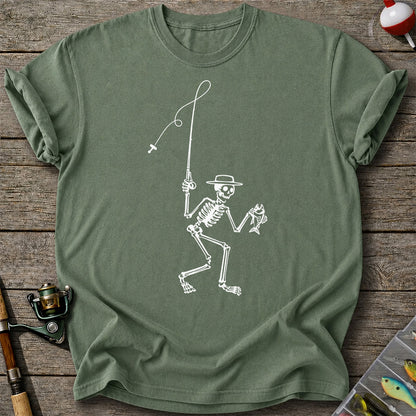 Skeleton Angler Holding a Fish Line Art Fishing T-Shirt