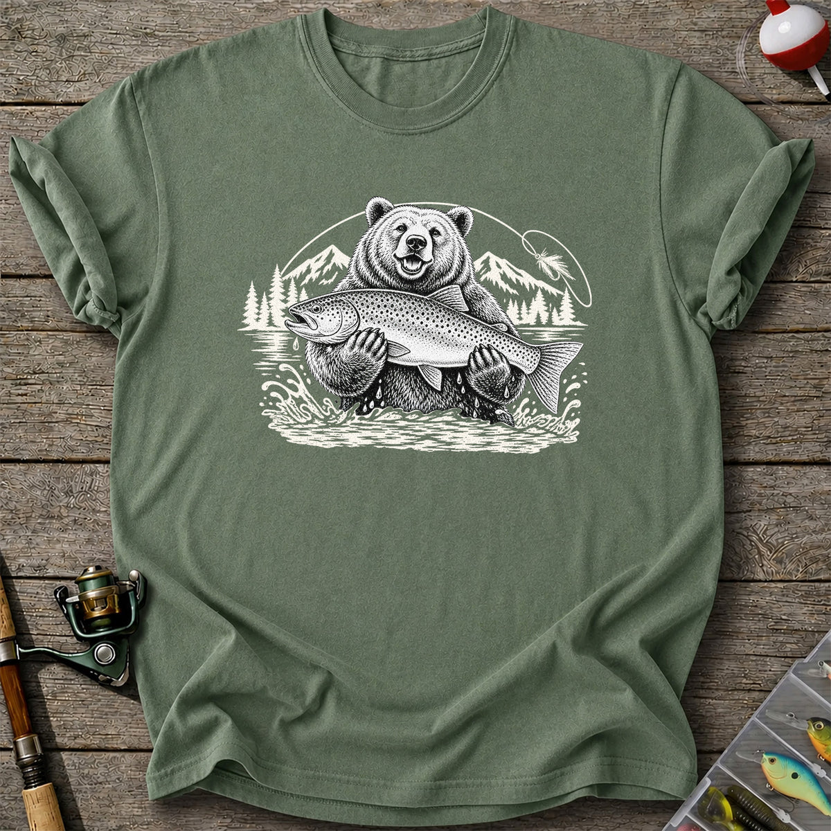 Bear Holding Trout in Mountain Lake Fishing Graphic T-Shirt