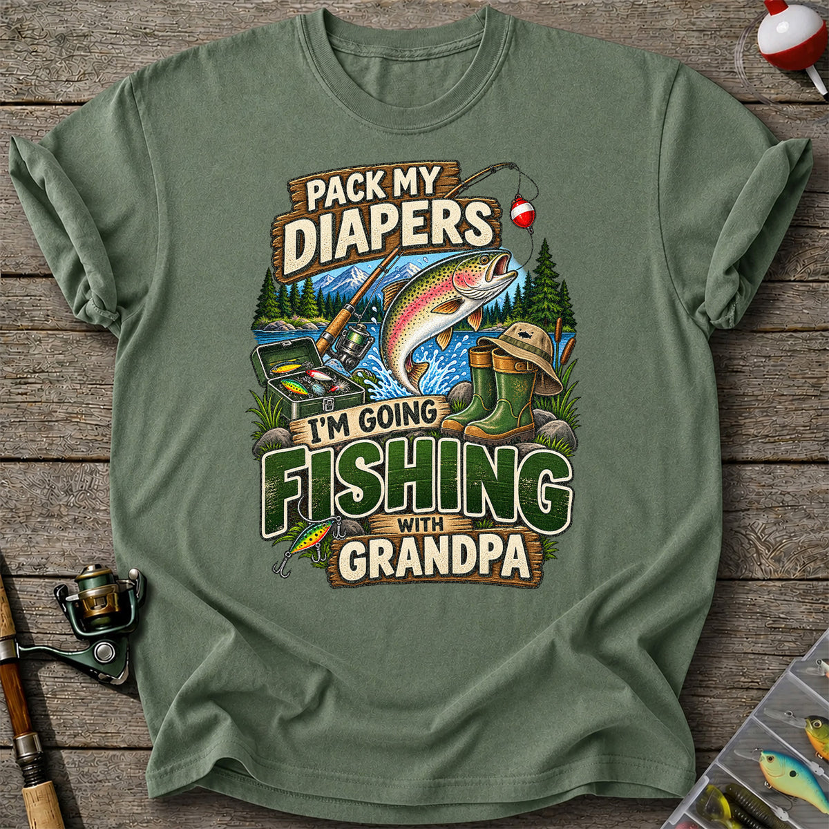 Pack My Diapers I'm Going Fishing With Grandpa Rainbow Trout T-Shirt