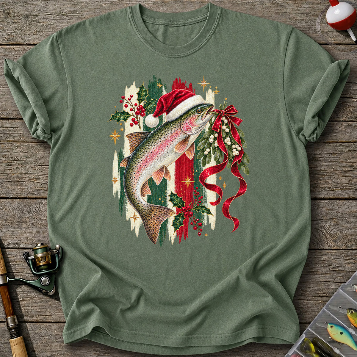 Christmas Santa Hat Rainbow Trout Fishing Graphic T-Shirt