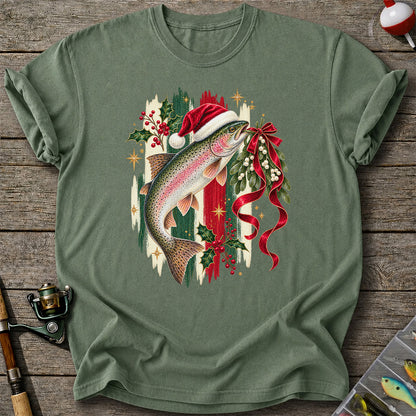 Christmas Santa Hat Rainbow Trout Fishing Graphic T-Shirt