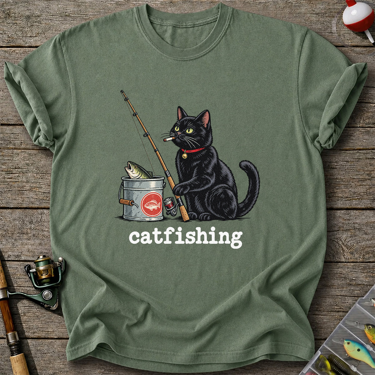 Catfishing Funny Black Cat with Fishing Rod Graphic T-Shirt