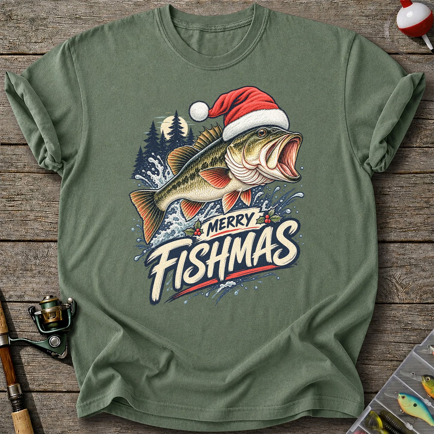 Merry Fishmas Santa Hat Largemouth Bass Fishing T-Shirt