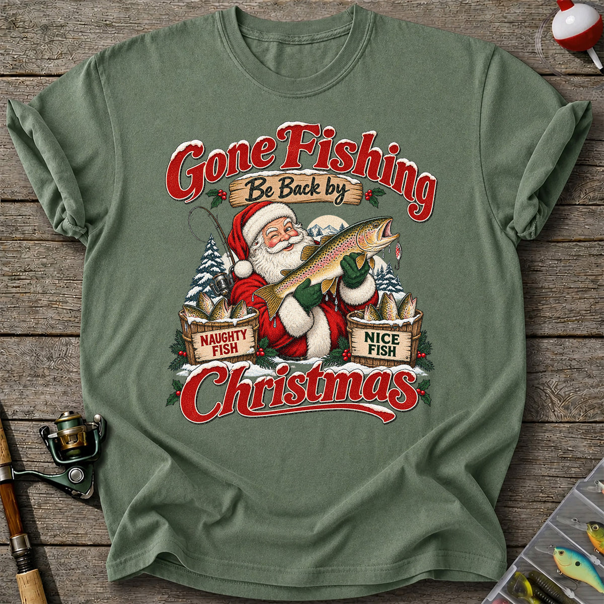 Gone Fishing Be Back by Christmas Santa Trout T-Shirt