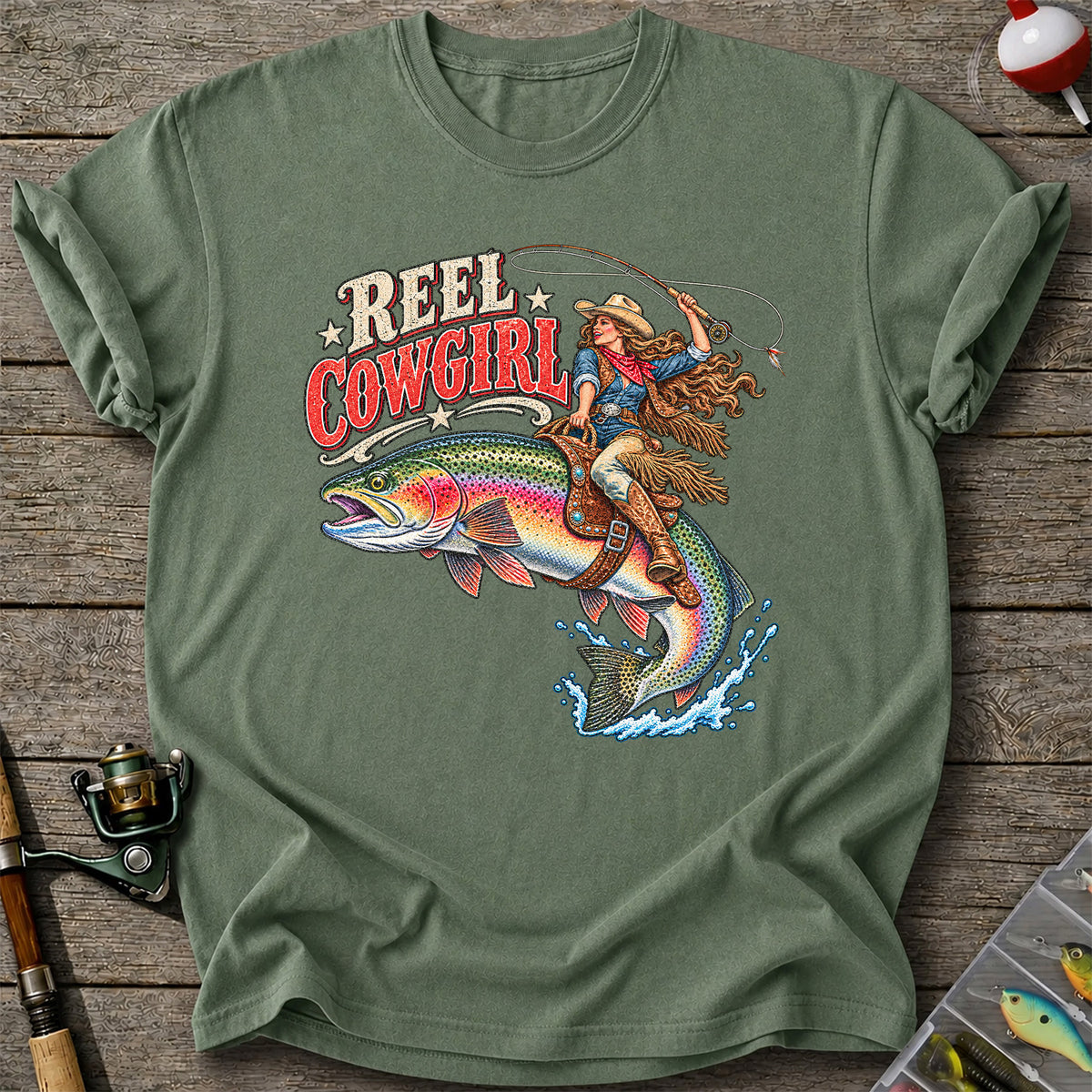 Reel Cowgirl Riding a Rainbow Trout Fly Fishing T-Shirt