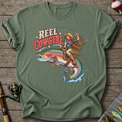 Reel Cowgirl Riding a Rainbow Trout Fly Fishing T-Shirt