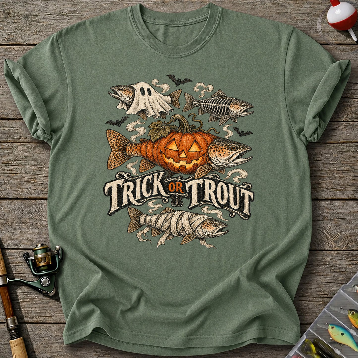 Trick or Trout Spooky Fish Halloween Graphic T-Shirt