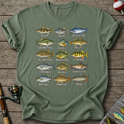 Bass Crappie and Catfish Freshwater Fish Chart Graphic T-Shirt