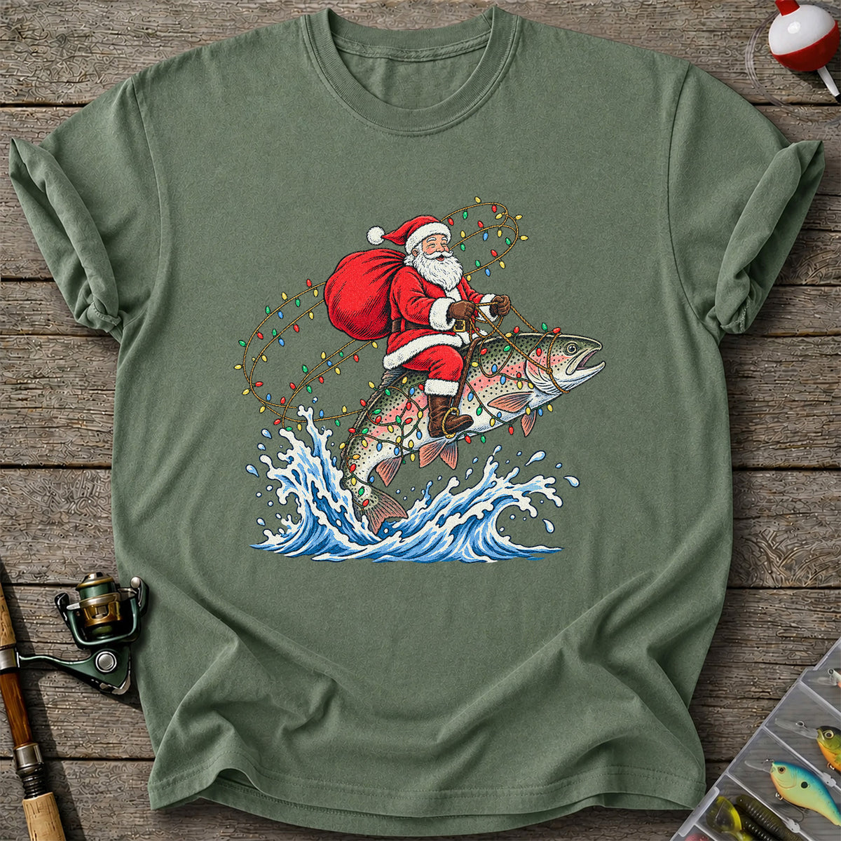 Santa Riding a Christmas-Lighted Rainbow Trout Fishing Graphic T-Shirt