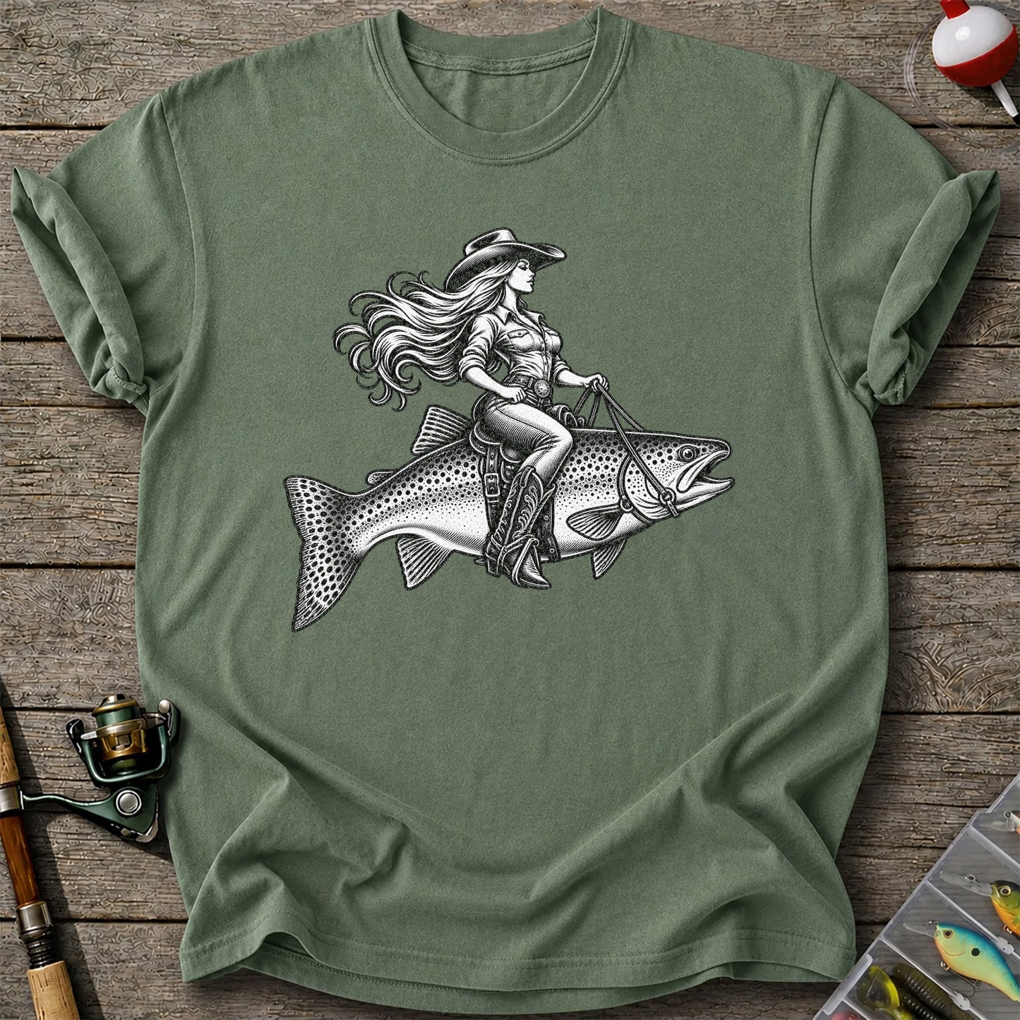 Cowgirl Riding a Trout Western Fishing Graphic T-Shirt