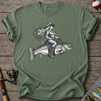 Cowgirl Riding a Trout Western Fishing Graphic T-Shirt