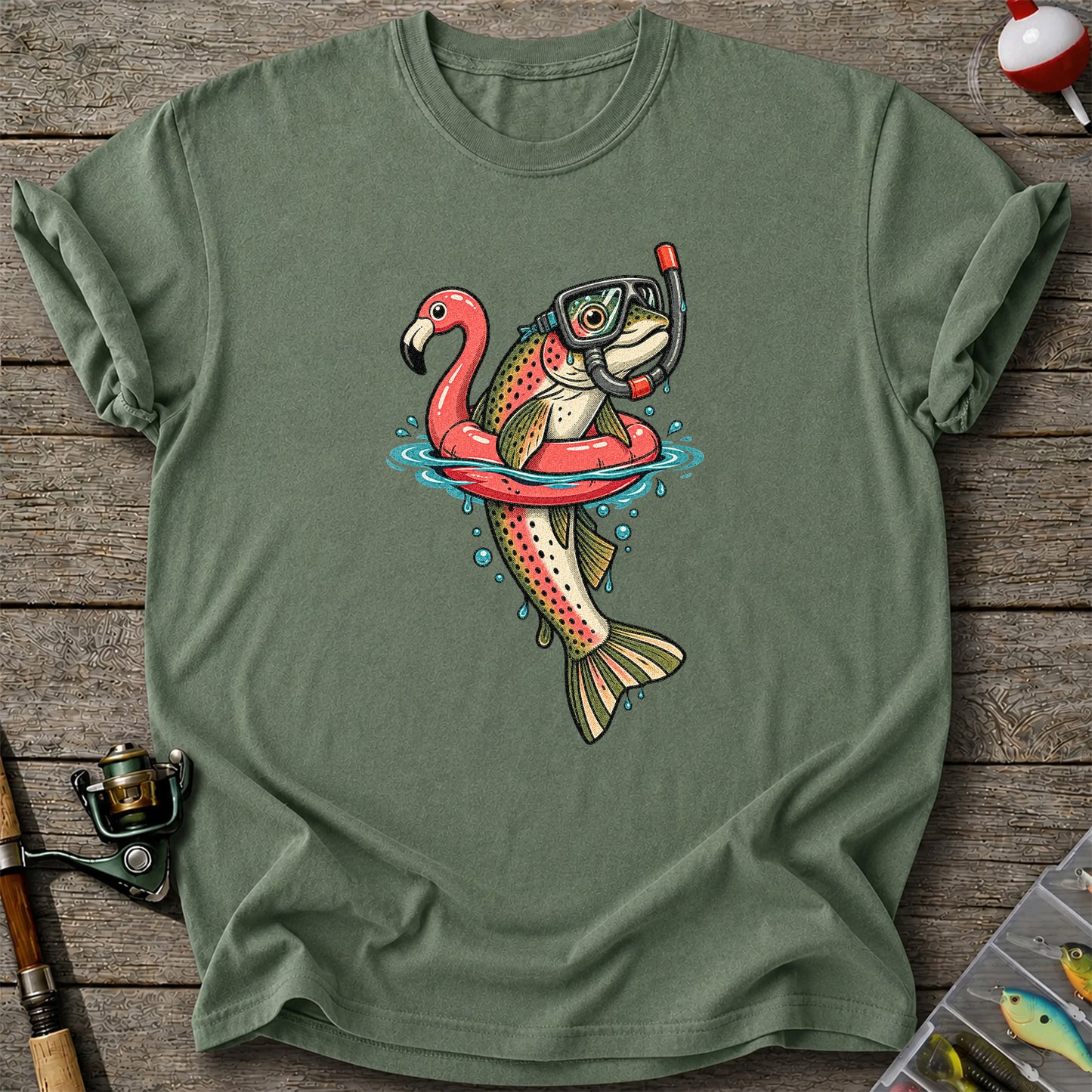 Rainbow Trout Snorkeling in a Flamingo Float Fishing Graphic T-Shirt