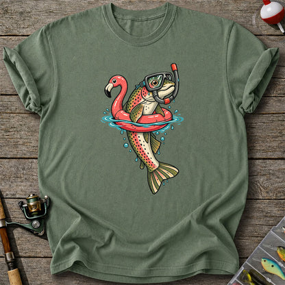 Rainbow Trout Snorkeling in a Flamingo Float Fishing Graphic T-Shirt