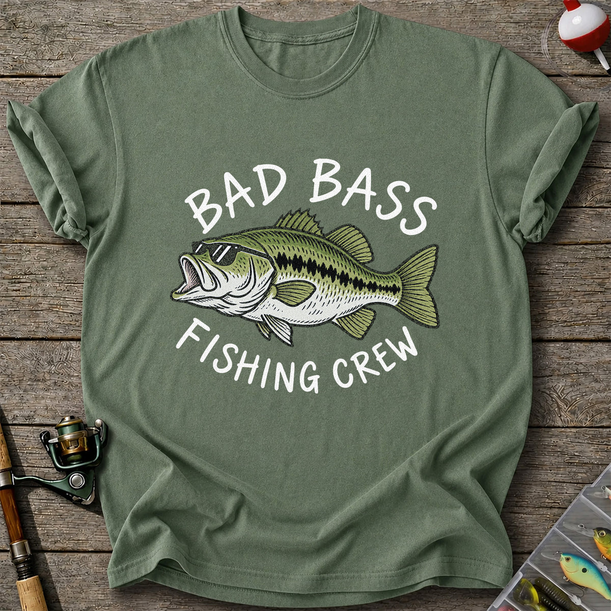 Bad Bass Fishing Crew Funny Graphic T-Shirt