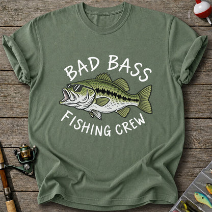 Bad Bass Fishing Crew Funny Graphic T-Shirt