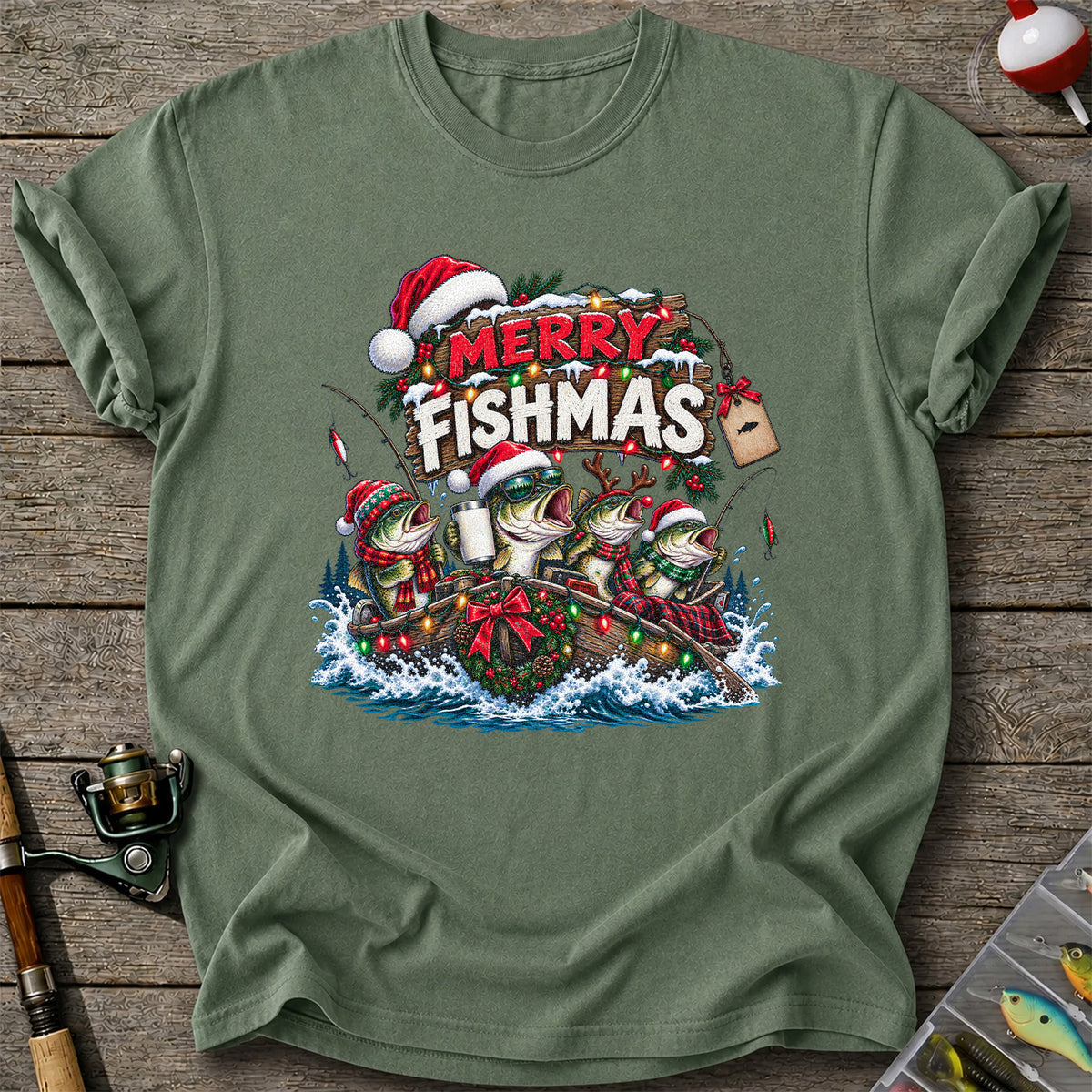Merry Fishmas Christmas Bass in a Fishing Boat Graphic T-Shirt
