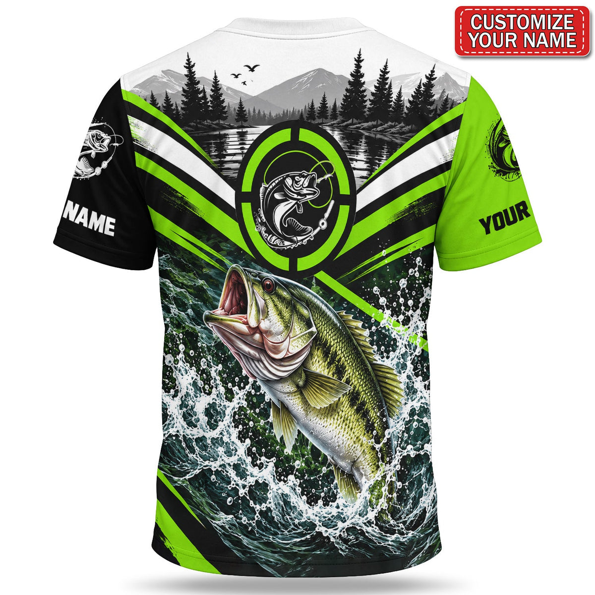 Personalized Bass and Mountain Lake Fishing T-Shirt With Neon Green Accents