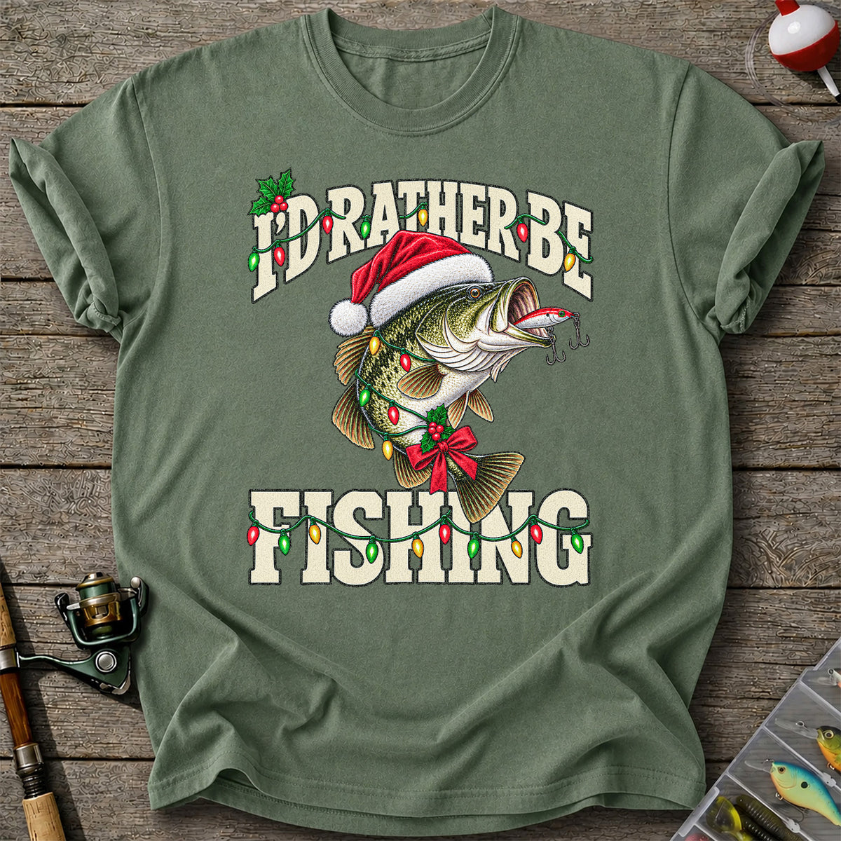 Santa Hat Bass Christmas Fishing Graphic T-Shirt