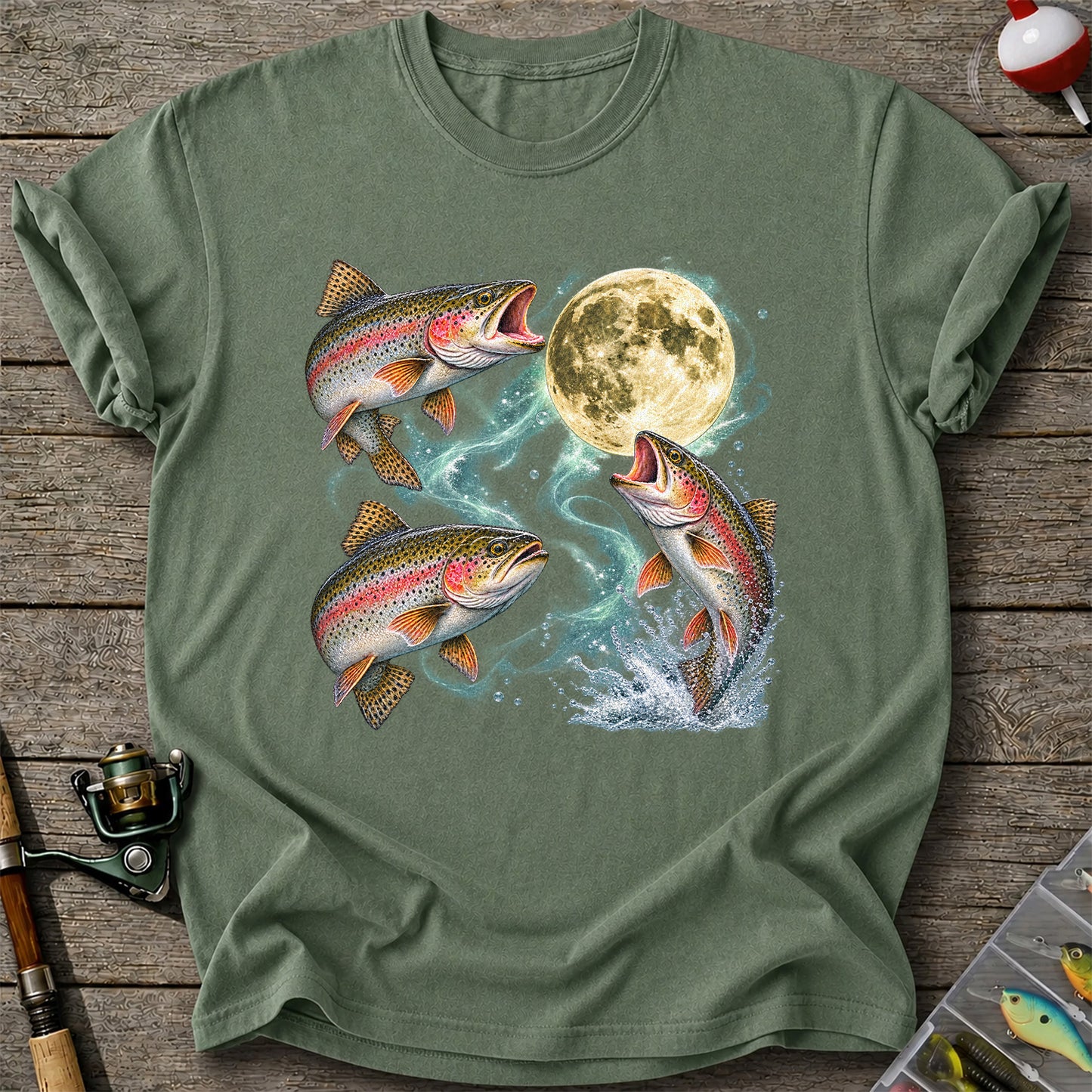 Rainbow Trout Under the Full Moon Fishing Graphic T-Shirt