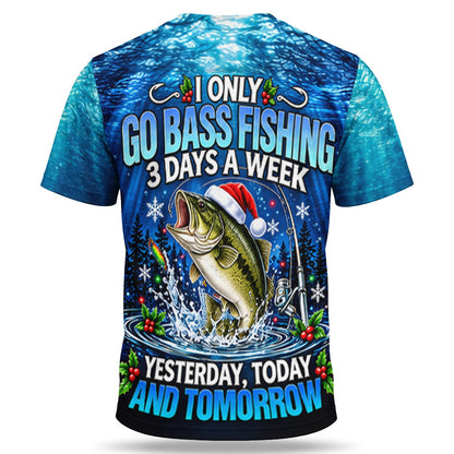 Santa Hat Bass Fishing in Blue Water 3D T-Shirt