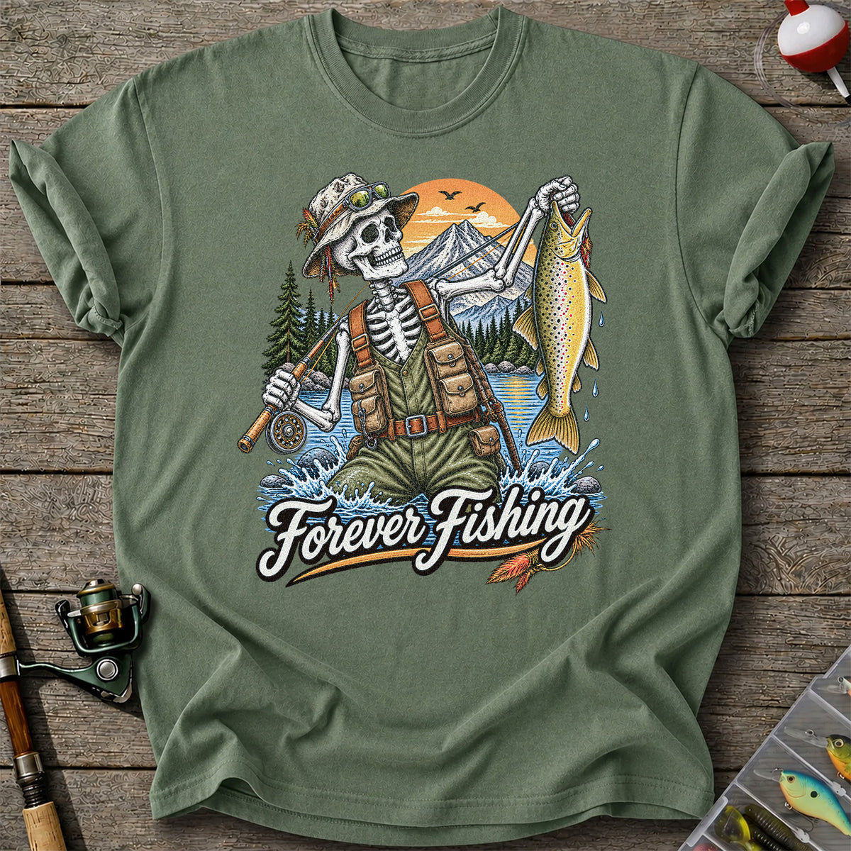 Forever Fishing Skeleton Angler Holding Brown Trout Graphic T-Shirt