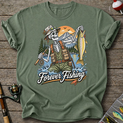 Forever Fishing Skeleton Angler Holding Brown Trout Graphic T-Shirt