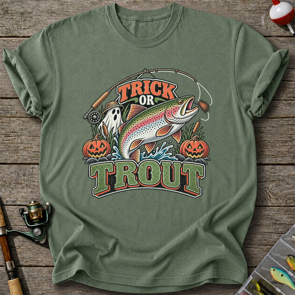 Trick or Trout Rainbow Trout Ghost and Pumpkins Halloween Fishing T-Shirt