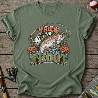 Trick or Trout Rainbow Trout Ghost and Pumpkins Halloween Fishing T-Shirt
