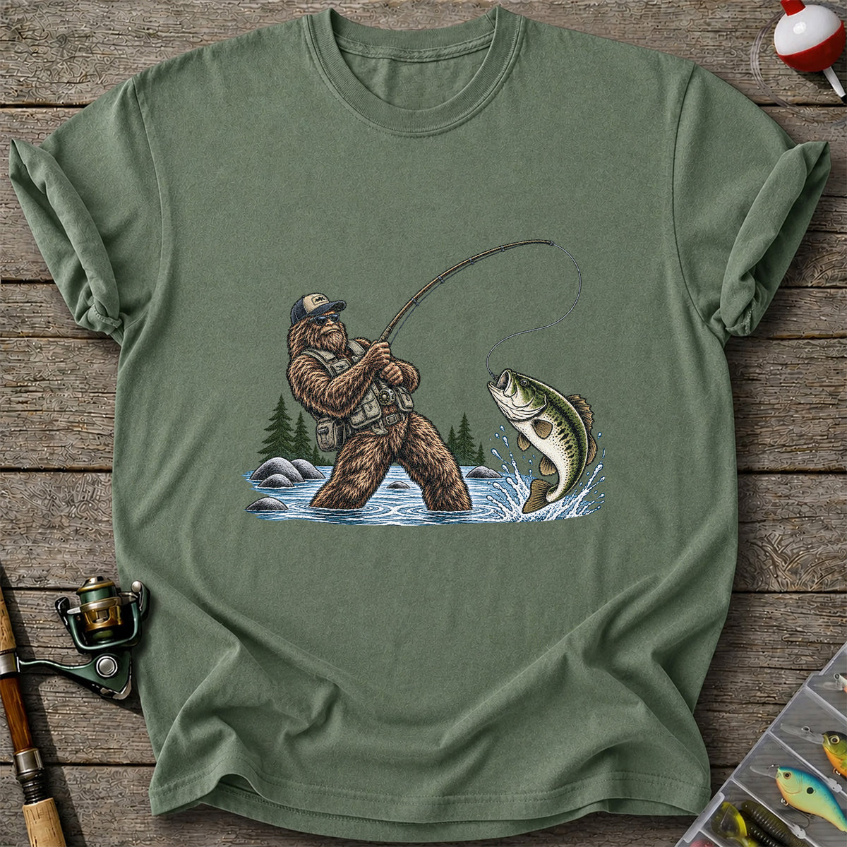 Bear Catching Bass Fishing Graphic T-Shirt