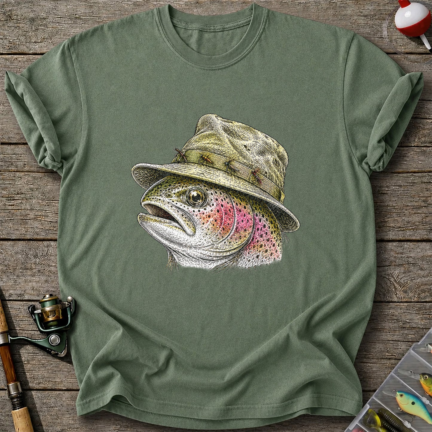 Rainbow Trout Wearing Fishing Hat Graphic T-Shirt