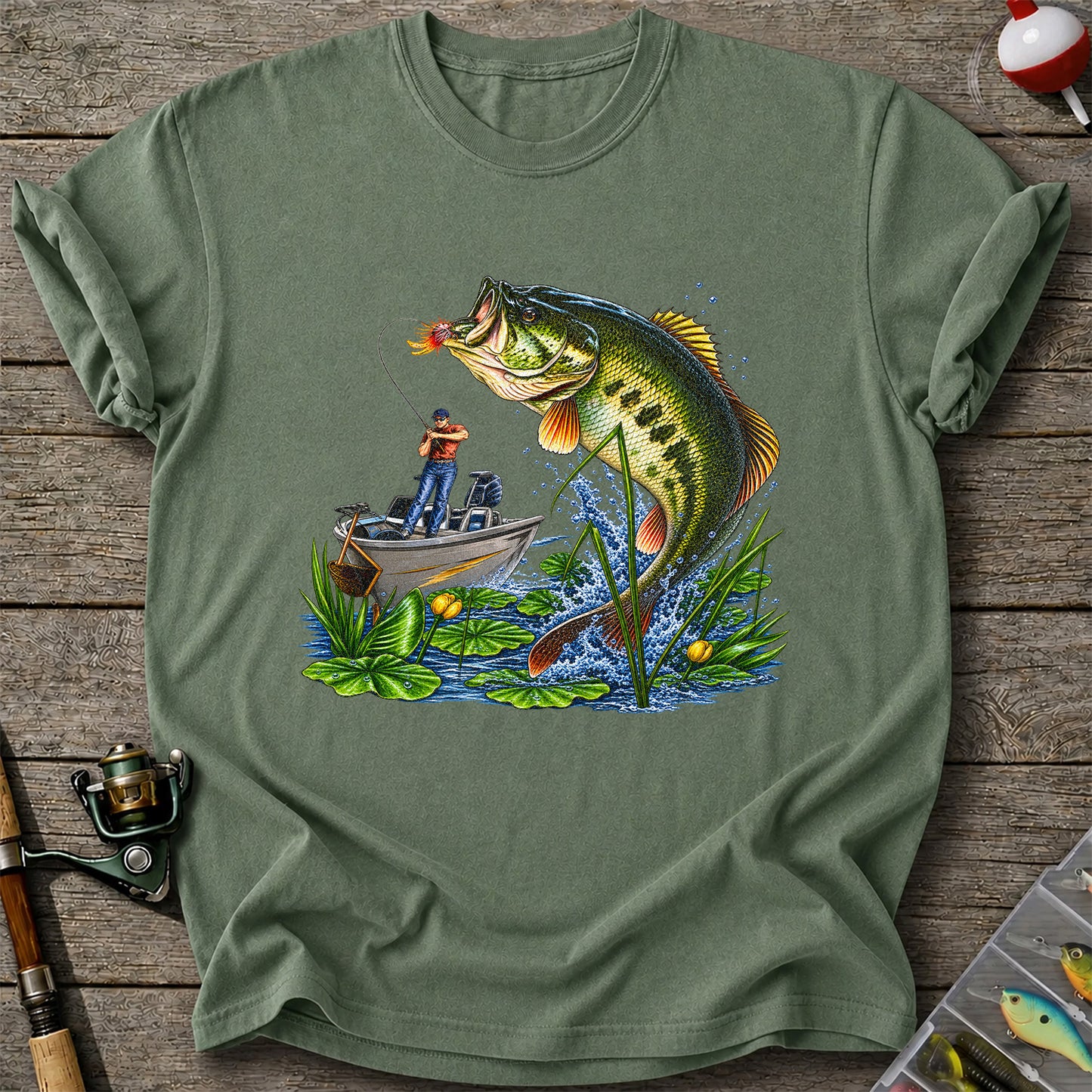 Largemouth Bass Leaping Beside Fishing Boat Graphic T-Shirt