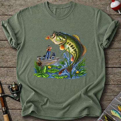 Largemouth Bass Leaping Beside Fishing Boat Graphic T-Shirt