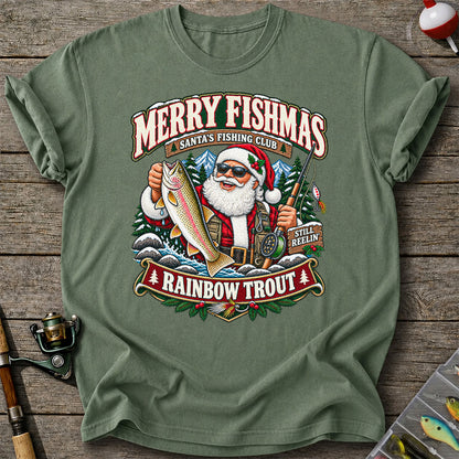 Merry Fishmas Santa's Fishing Club Still Reelin' Rainbow Trout Christmas T-Shirt