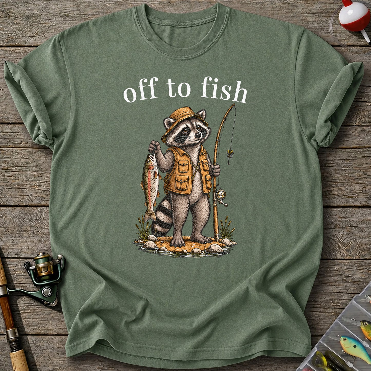 Off to Fish Raccoon Angler Funny Fishing T-Shirt