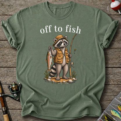Off to Fish Raccoon Angler Funny Fishing T-Shirt