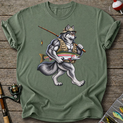 Wolf Angler Holding Rainbow Trout Fishing Graphic T-Shirt