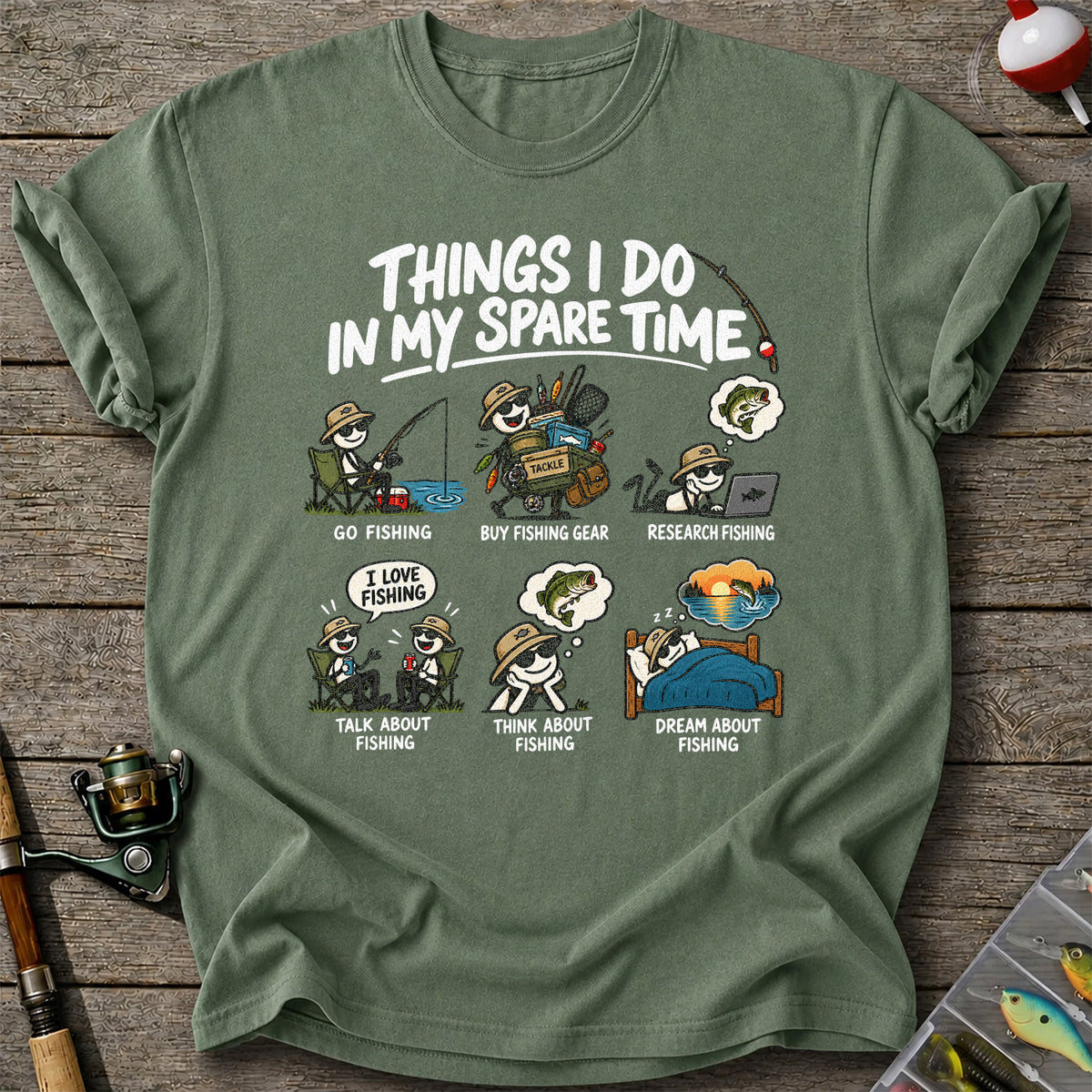 Things I Do in My Spare Time Funny Cartoon Angler Fishing T-Shirt