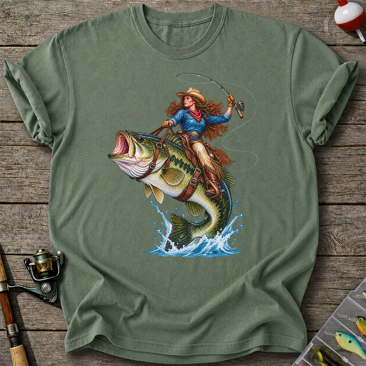 Cowgirl Riding a Largemouth Bass Fishing Graphic T-Shirt