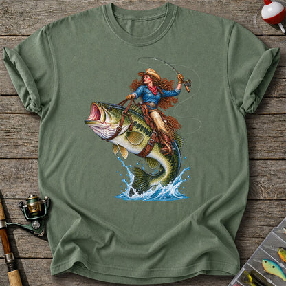 Cowgirl Riding a Largemouth Bass Fishing Graphic T-Shirt