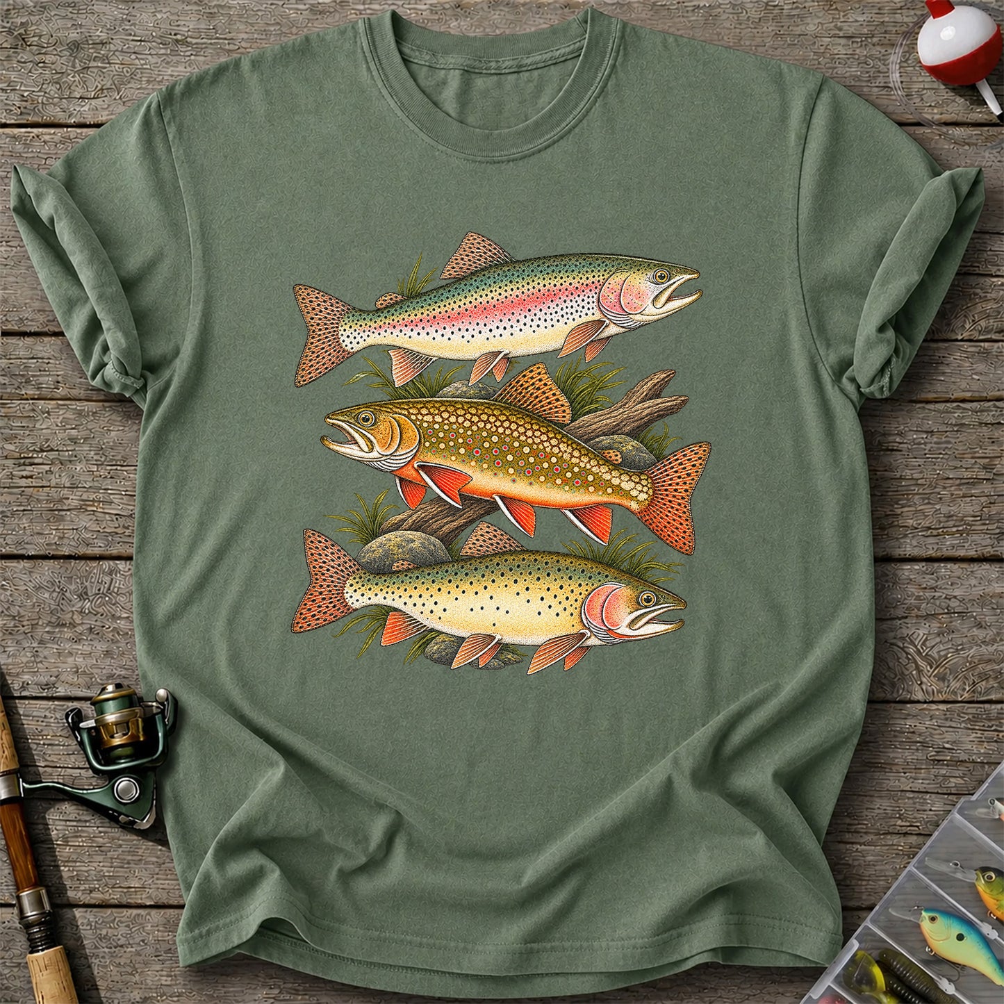 Vintage Rainbow Brook and Brown Trout Fishing Graphic T-Shirt