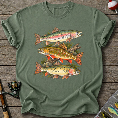Vintage Rainbow Brook and Brown Trout Fishing Graphic T-Shirt