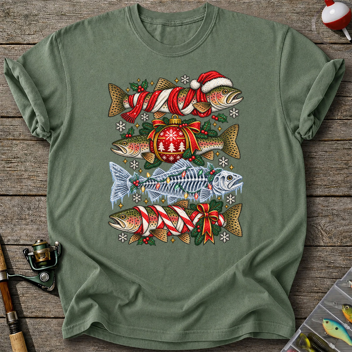 Christmas Rainbow Trout and Fish Skeleton Fishing Graphic T-Shirt