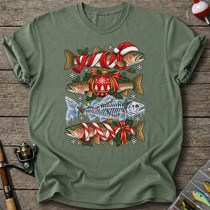 Christmas Rainbow Trout and Fish Skeleton Fishing Graphic T-Shirt
