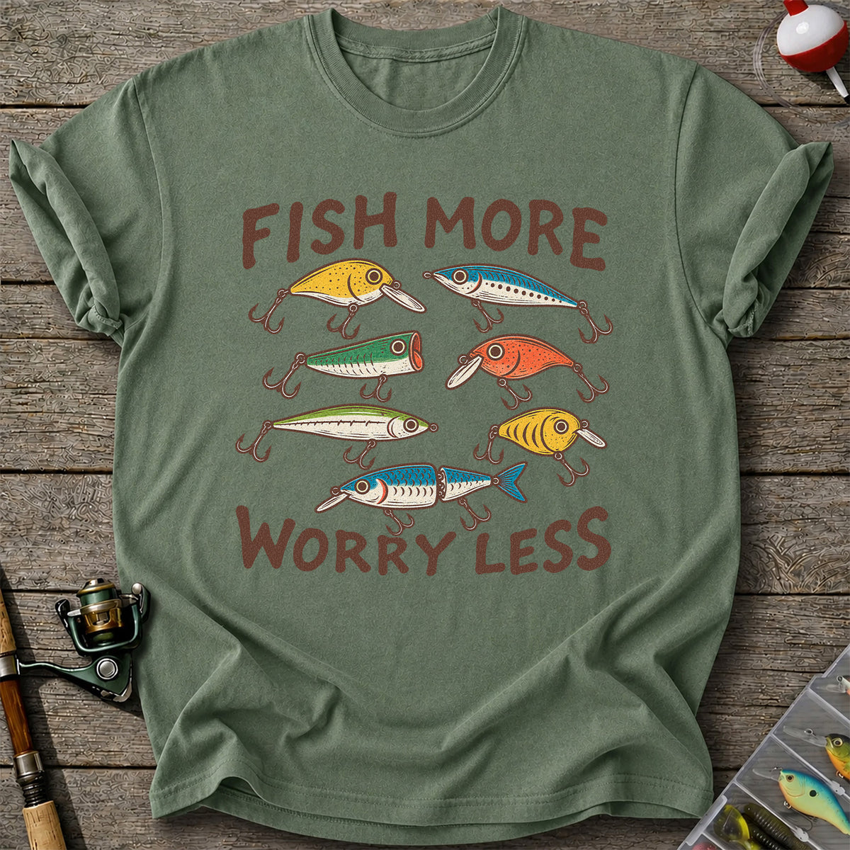 Colorful Fishing Lures and Hooks Graphic T-Shirt